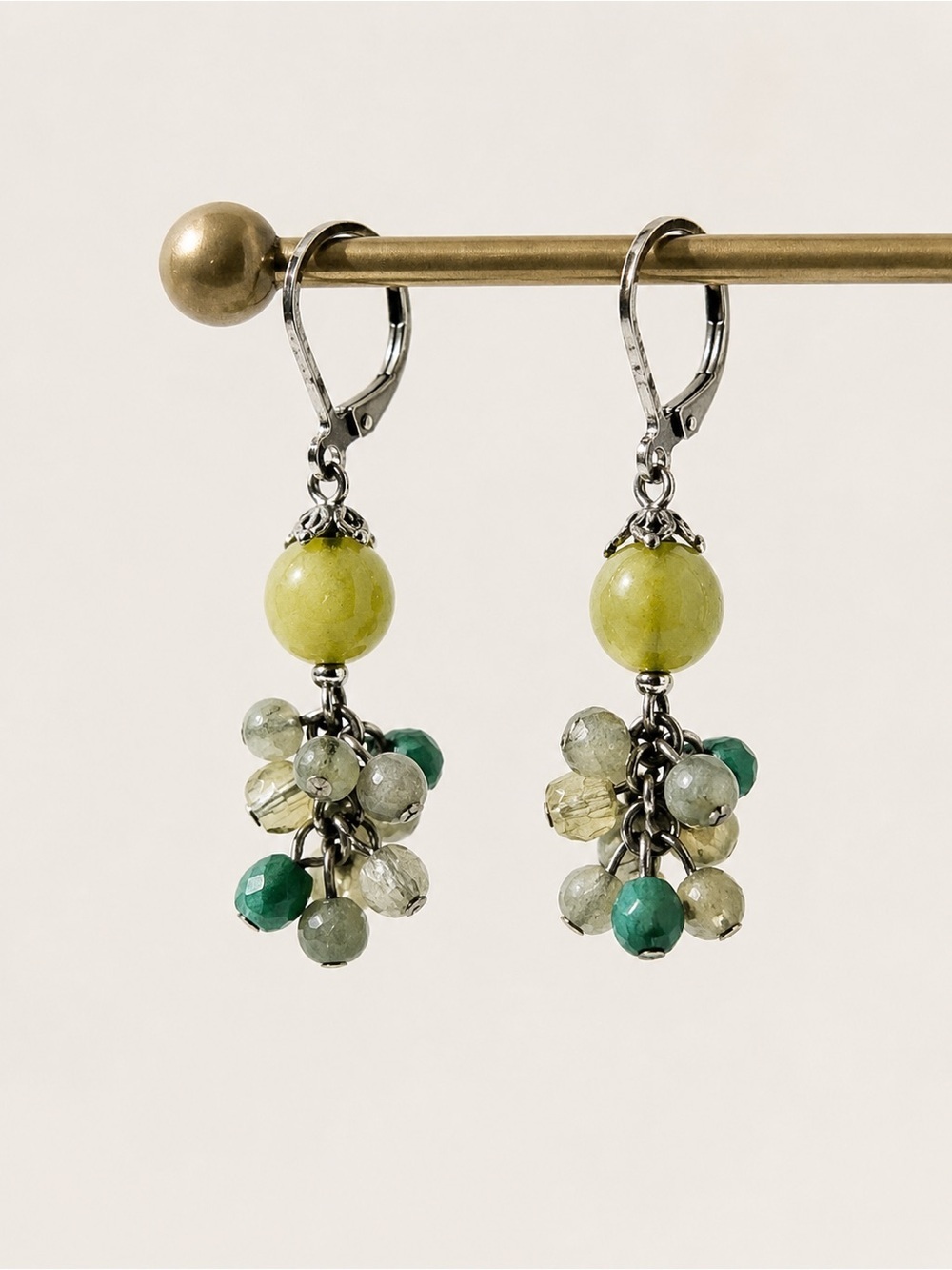 Green Beaded Cluster Drop Earrings Silver Tone Boho Artisan Statement Earrings